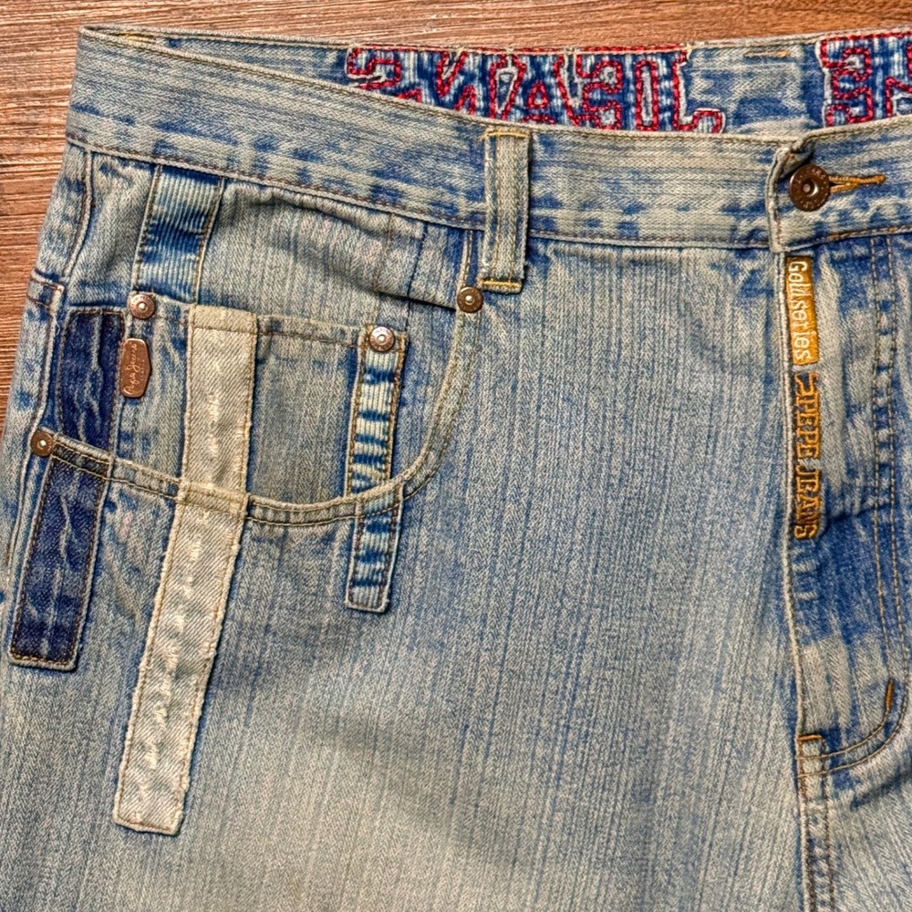 Pepe Jeans Gold Series Men 40 Light Blue Patchwork Embroidered Wide Leg Y2K Rare